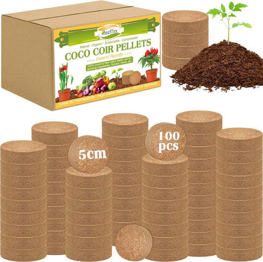 ZeeDix 100pcs 50mm Coco Coir Pellets, Compressed Coconut Coir Seed Starter Pellets Potting Soil Indoor Plants Soil Discs for Planting Flowers Bonsai Herbs Plants and Vegetables