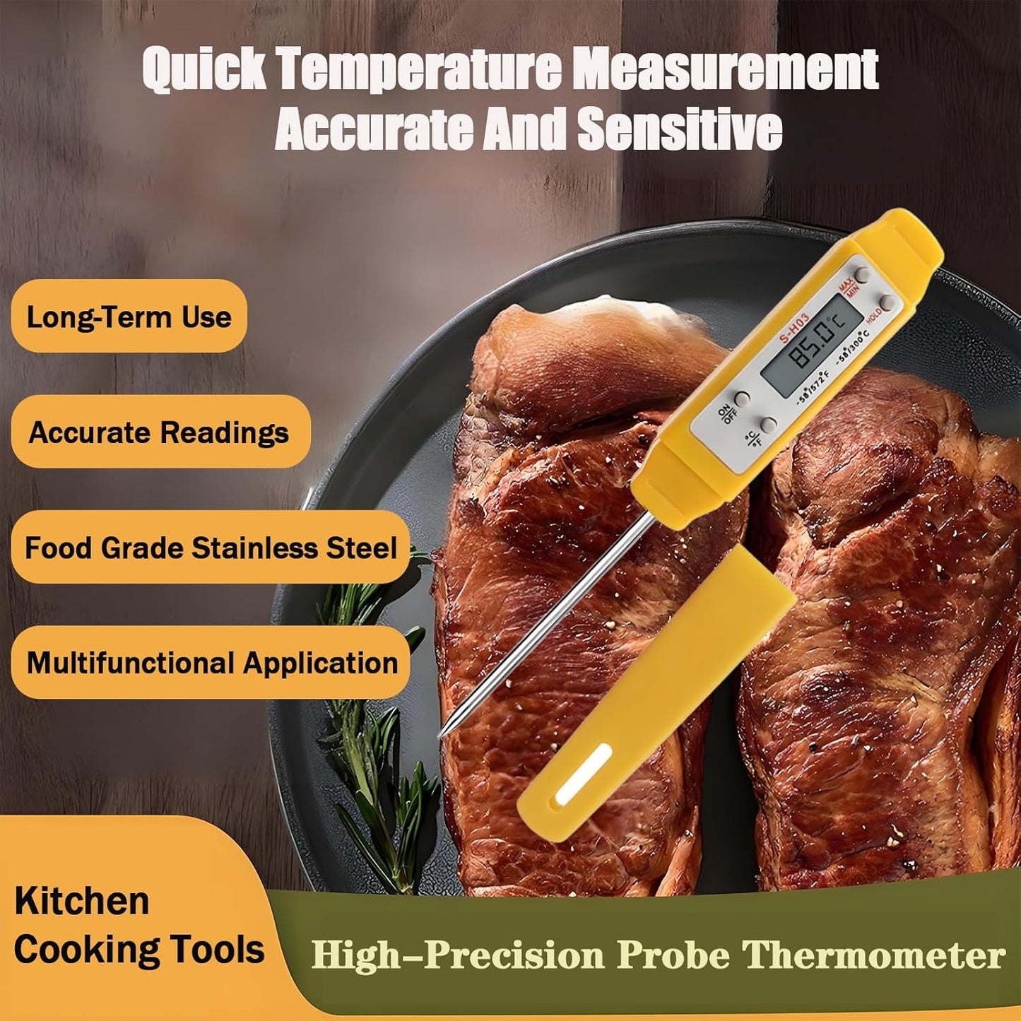 Meat Thermometer - Digital Food Thermometer for Cooking Kitchen - Automatic Calibration Pen Style Electronic Pocket Thermometer for Water Temperature, Barbecue (Yellow)