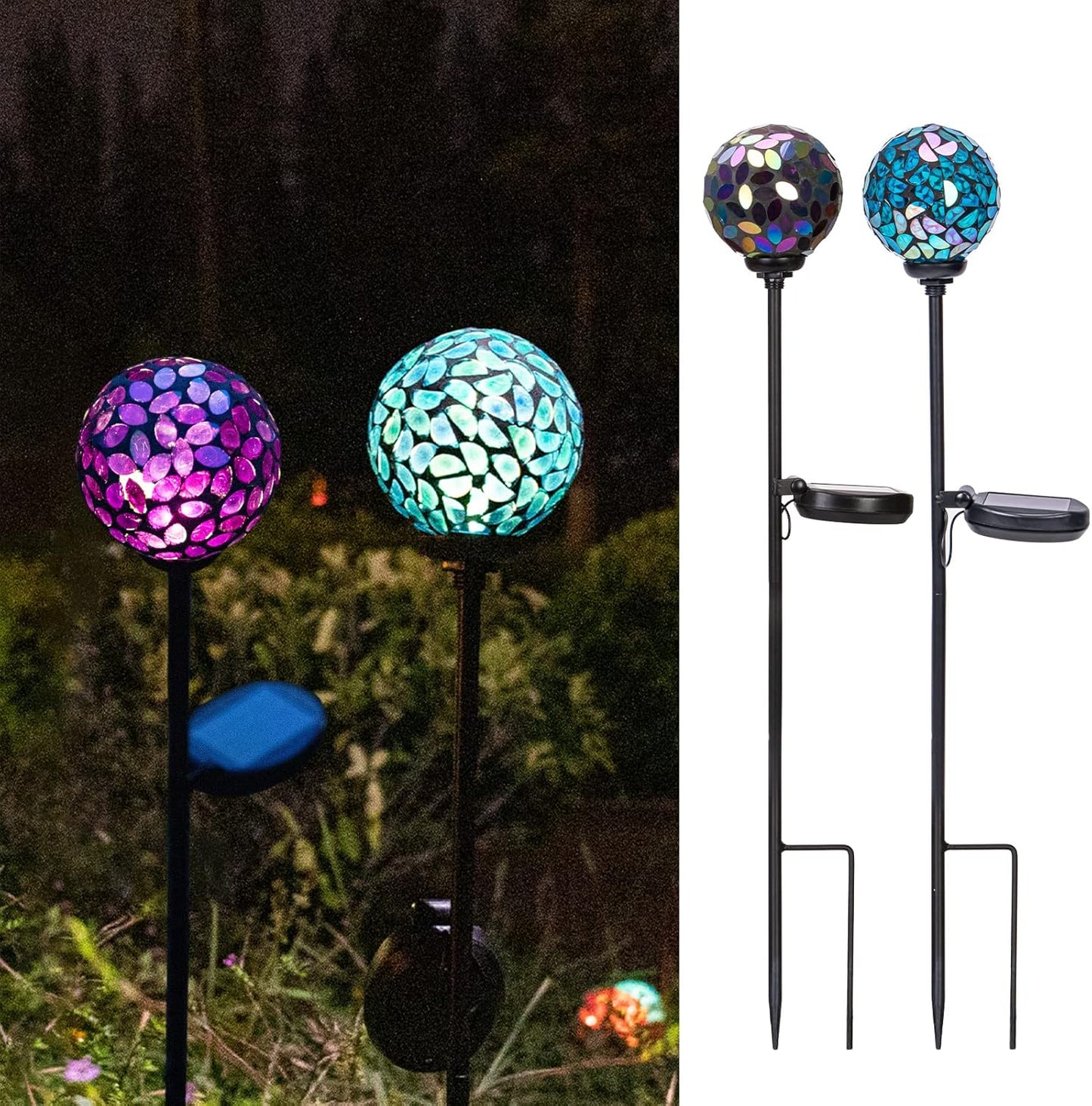 VCUTEKA Solar Garden Decorative Lights Outdoor, Mosaic Solar Light Waterproof LED Pathway Stake Light for Landscape Patio Yard Deck Walkway Decoration, 2 Pack （Blue&Purple）