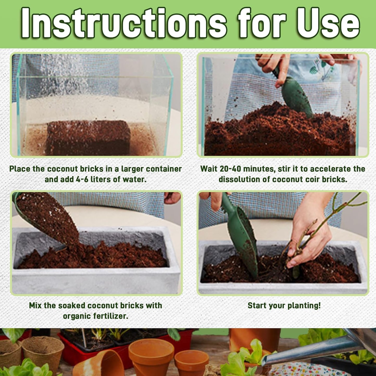 Coco Coir Brick for Plants, 4 Packs 100% Natural Organic Compressed Coconut Coir Fiber with Low EC & PH Balance, High Nutrition Coconut Soil Coco Fiber for Planting, Herbs