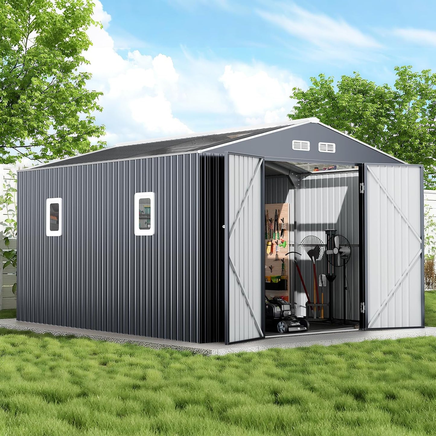 12x10 FT Metal Sheds & Outdoor Storage: Heavy Duty Garden Sheds with Dual Transparent Panels, DIY-installable Windows & Lockable Doors, Weatherproof Tool Shed for Backyard, Garden, Patio, Grey