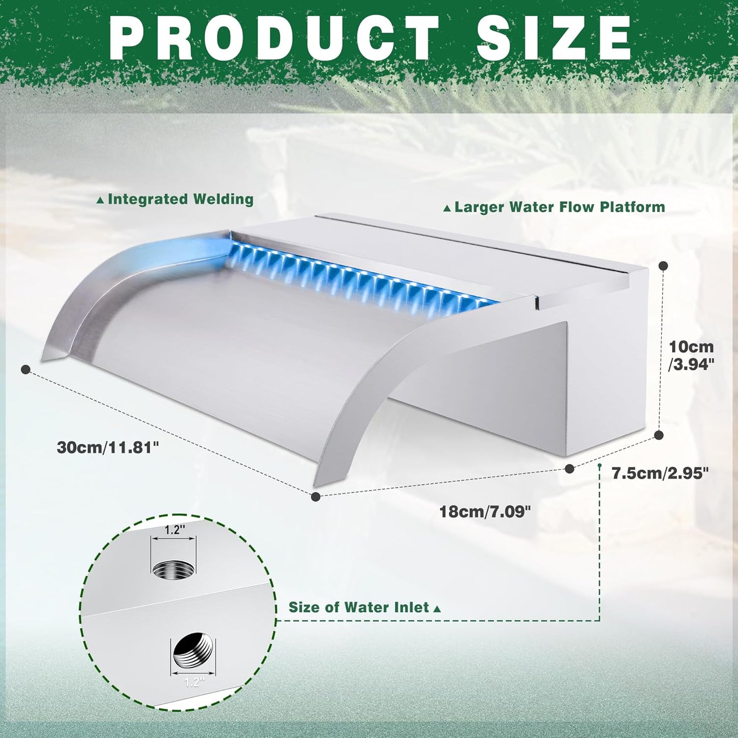 Waterfall Pool Fountain, LONGRUN Stainless Steel Waterfall Spillway for Pools and Ponds - 11.8" Wide Decorative Water Feature for Swimming Pools, Koi Ponds, and Garden