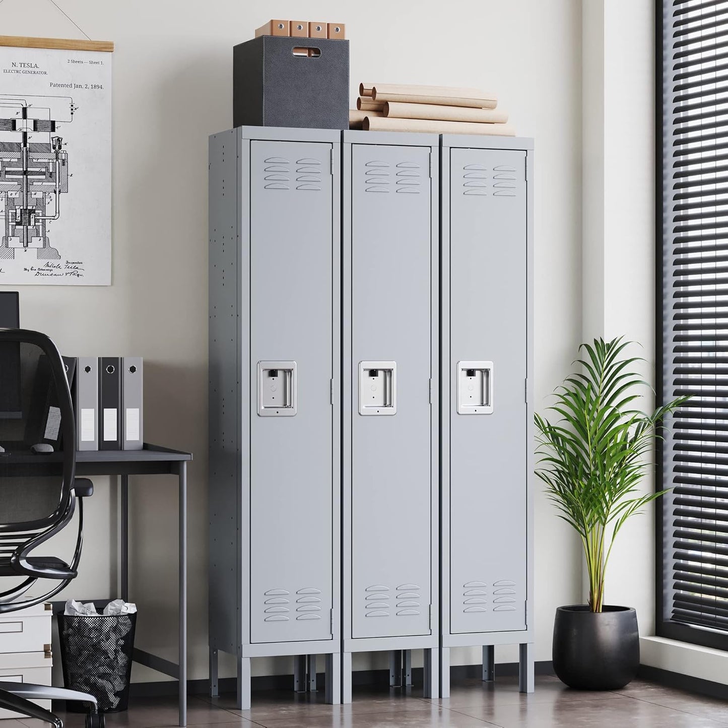 Letaya Storage Lockers with Lock Door,Metal Storage Cabinet 3 Tier with Hook for Employees, School,Gym, Home,Office(1 Door-Gray)