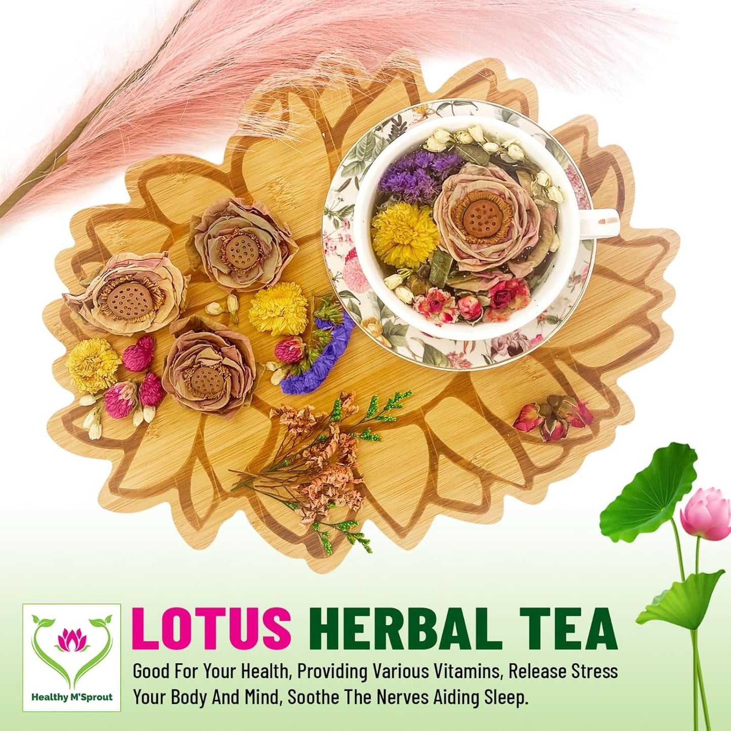 Lotus Flower Tea – Dried Whole Blossom – Antioxidant Rich Herbal Tea for Teapot, Tea Infuser, Tea Cups – Delicious Intense Flavor – No Caffeine, Low Calorie (5 Lotus Packs)