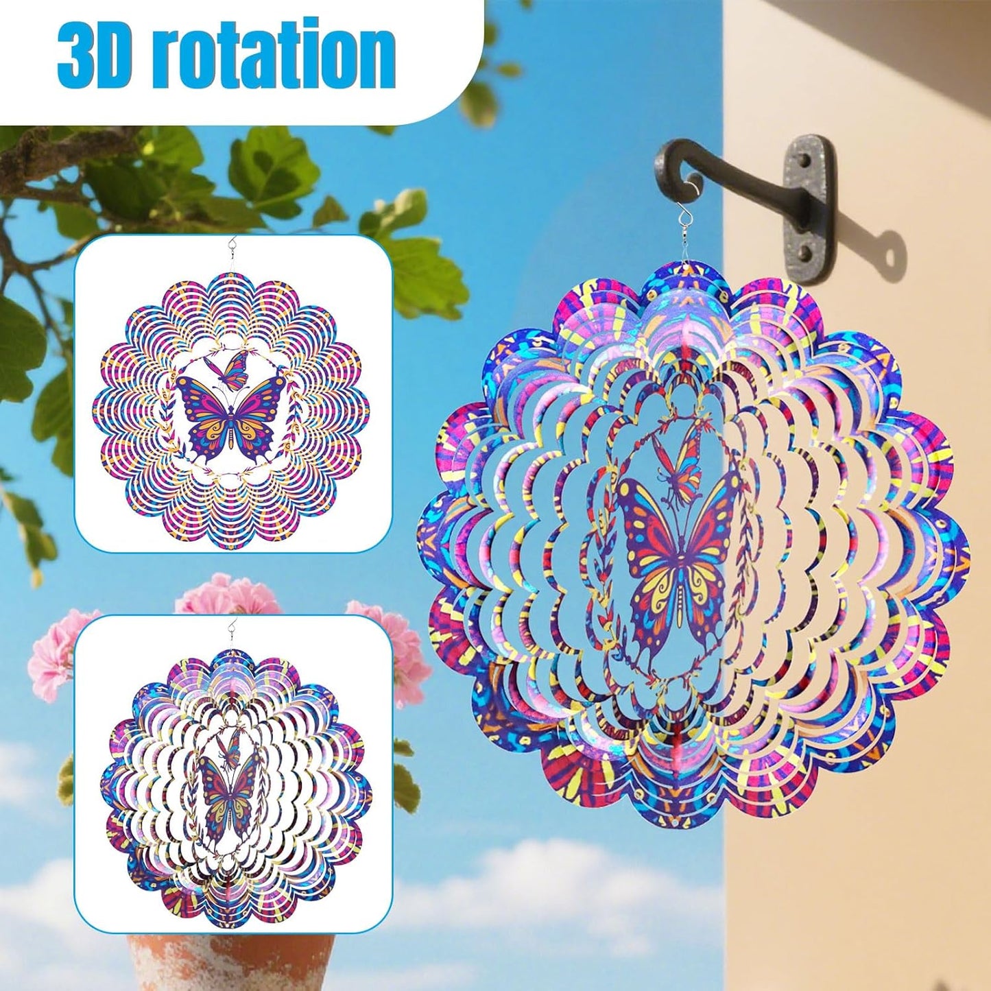 Wind Spinners Outdoor, Butterfly Metal 3D Hanging Garden Decor, 12-inch Stainless Steel Wind Spinner with Tail Spinner, Wind Sculptures for Patio Lawn Yard, Ornament Gift for Women/Men