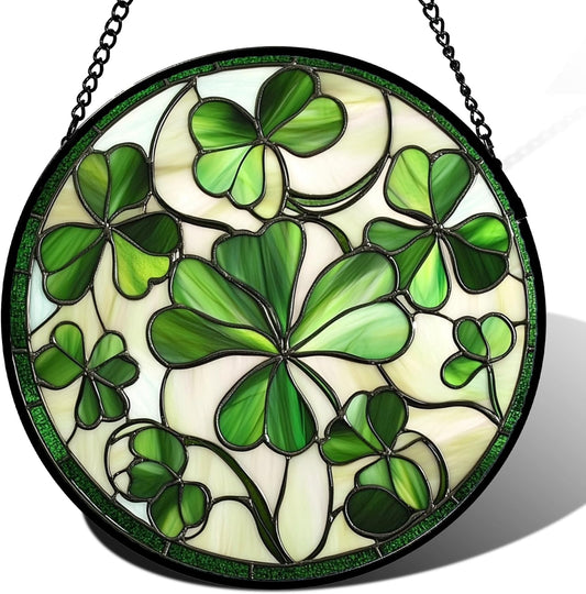 Stained Glass Window Hanging - Green Clover Flowers Suncatcher for Doors Garden St. Patrick's Day Plant Floral Sun Catchers Decor Mother's Day Birthday Gifts for Women Men Mom Nana 6.3 in