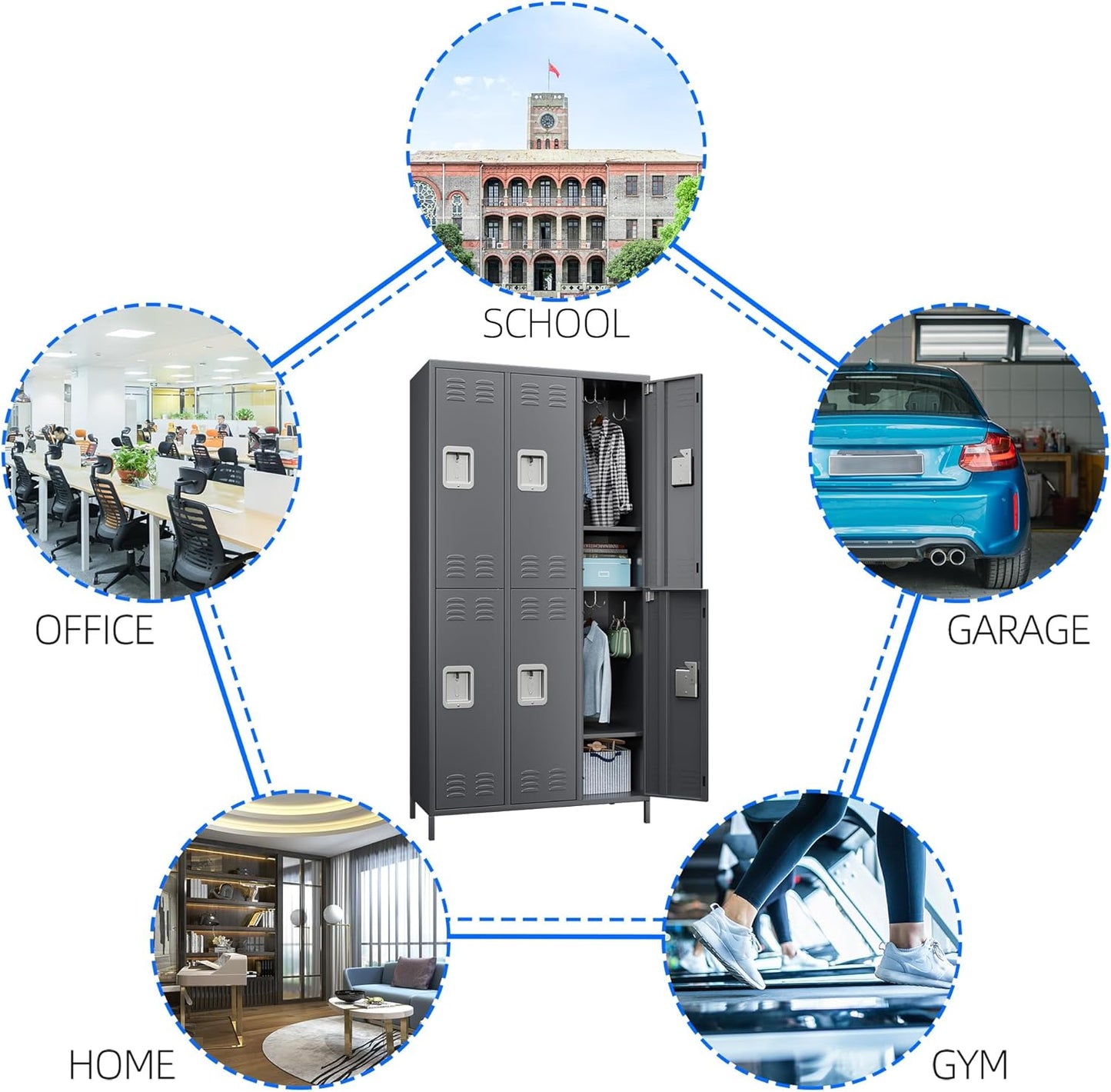 6 Doors Metal Lockers for Employees with Lock, Metal Locker with 18 Hooks for School Garage Office Gym Home,Assembly Required,Dark Grey