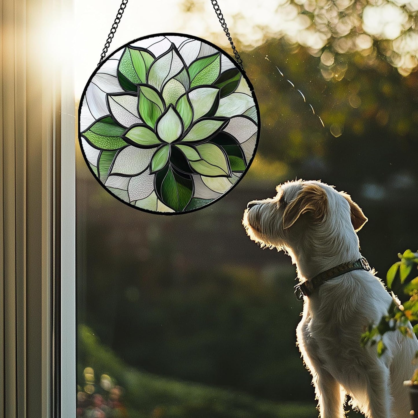 Stained Glass Window Hanging - Green Succulent Plants Suncatcher for Doors Garden Patio Floral Sun Catchers Decor Christmas Mother's Day Birthday Gifts for Women Men Mom Nana Friend 7.8 in