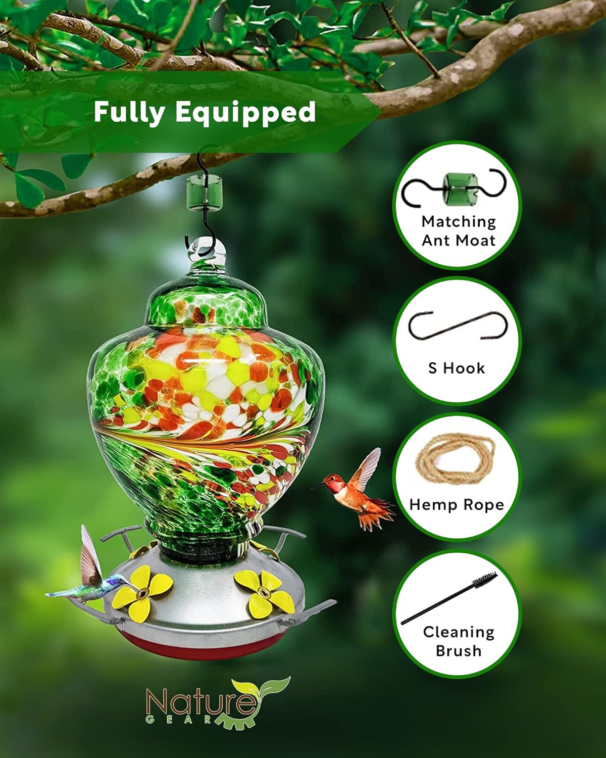 Nature Gear Hummingbird Feeder, Hanging-Mount Glass Hummingbird Feeders for Outdoors, Hand-Blown Glass Feeder with Ant Moat for Garden Hummingbirds, Easy to Clean & Rust Resistant, Emerald Green