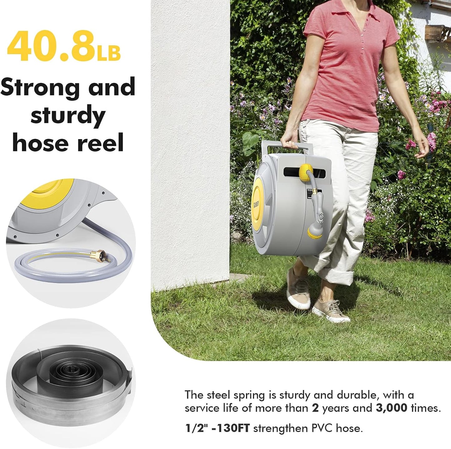 BLUBERY 130+6.7ft x 1/2" Retractable Garden Hose Reel, 40.8LB Super Heavy Duty, Any Length Lock, Slow Return System, Wide Handle, Wall Mounted and 180° Swivel Bracket, GHR02A
