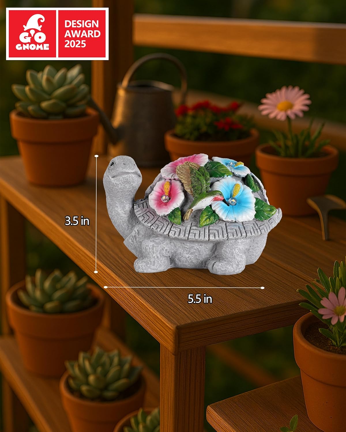 Solar Turtle Figurine Lights with Hummingbird Flower 5.5-inch – Garden Statue for Outdoor Yard Decorations, Lawn Ornaments, Balcony Decor – Ideal Gift for All Occasions (Turtle)