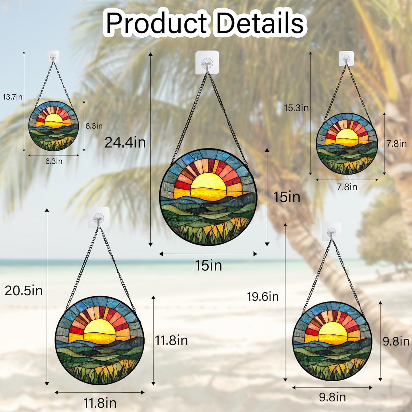 Stained Glass Window Hanging, Golden Red Sun Green Mountain Suncatcher for Window Home Decor Nature Landscape Sun Catcher Mother's Day Birthday Gifts for Women Men Mom Nana 9.8 in