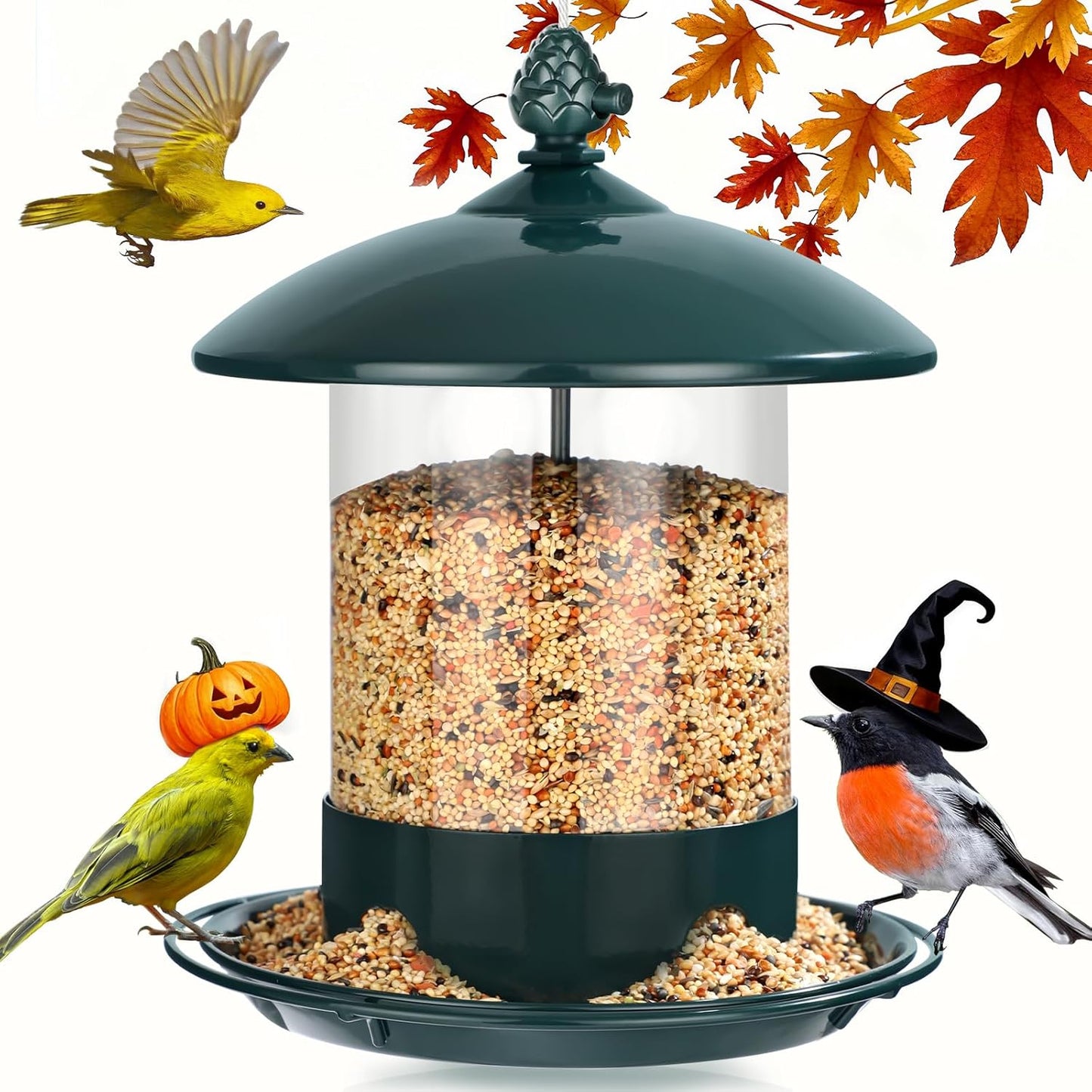 Metal Bird Feeders for Outdoors Hanging, Weather Resistant Wild Bird Feeder with 360 Degree Feeding Tray, Green
