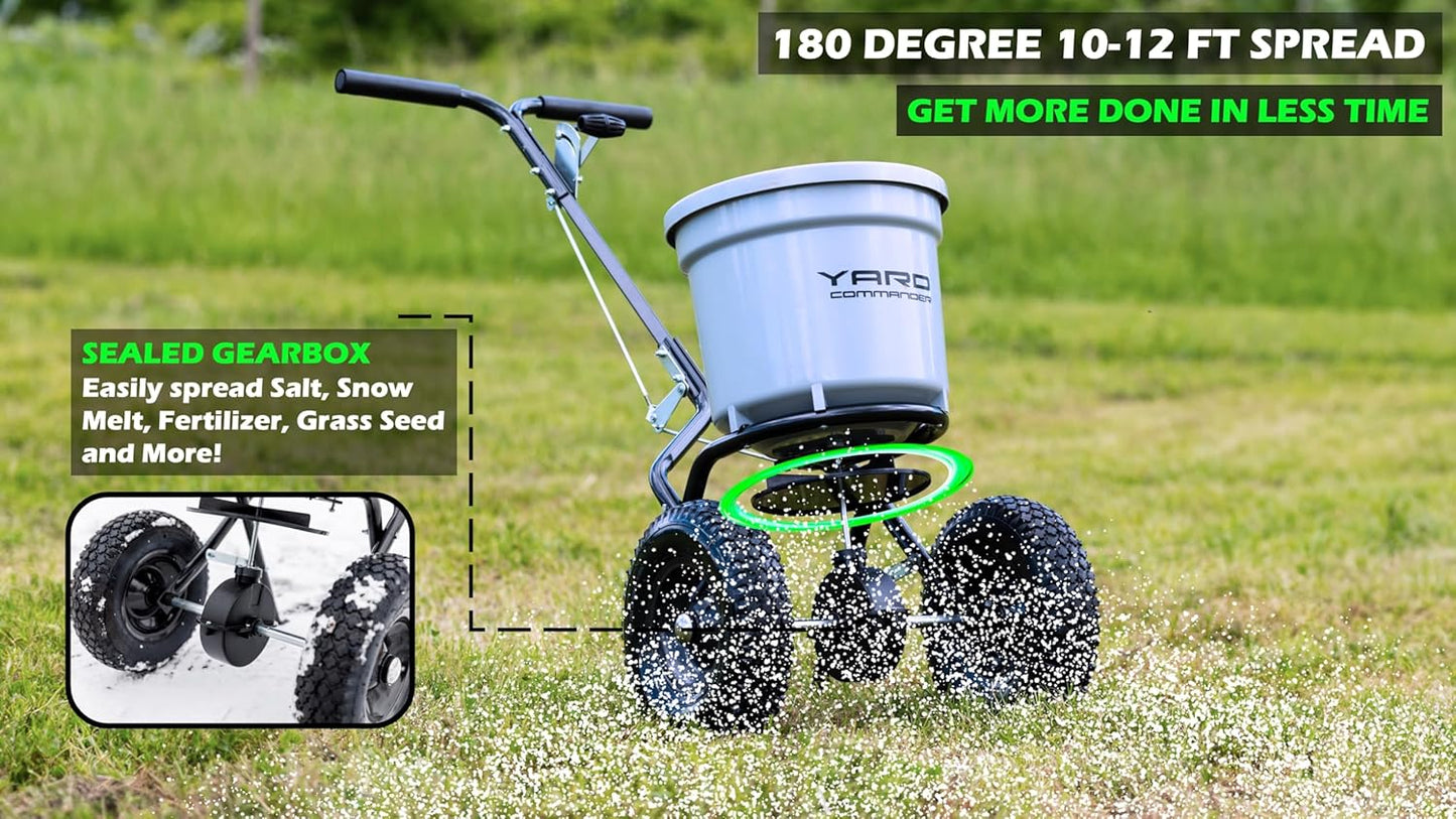 Yard Commander - Commercial 50 LB Walk-Behind Push Broadcast Spreader - 10-12 Foot Spread - Fertilizer, Salt & Grass Seed - Clog Free Design - Fully Enclosed Gear Box - Adjustable Drop Rate