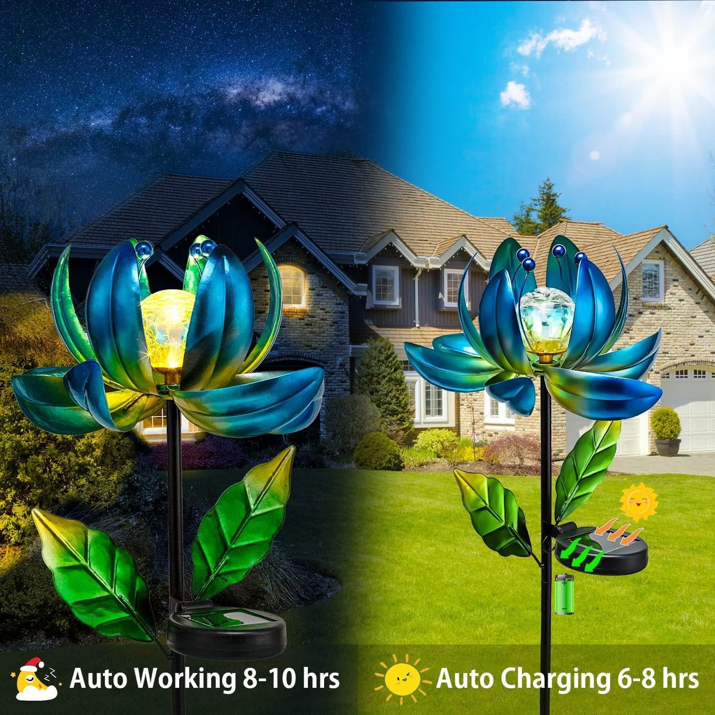 Solar Garden Lights Metal Flower Decor, Colorful Spinning Windmill Lotus Pathway Ligths with LED Cracked Crystal Ball Outdoor Decorative Stake Lighting Waterproof Flower Sculpture for Patio Yard
