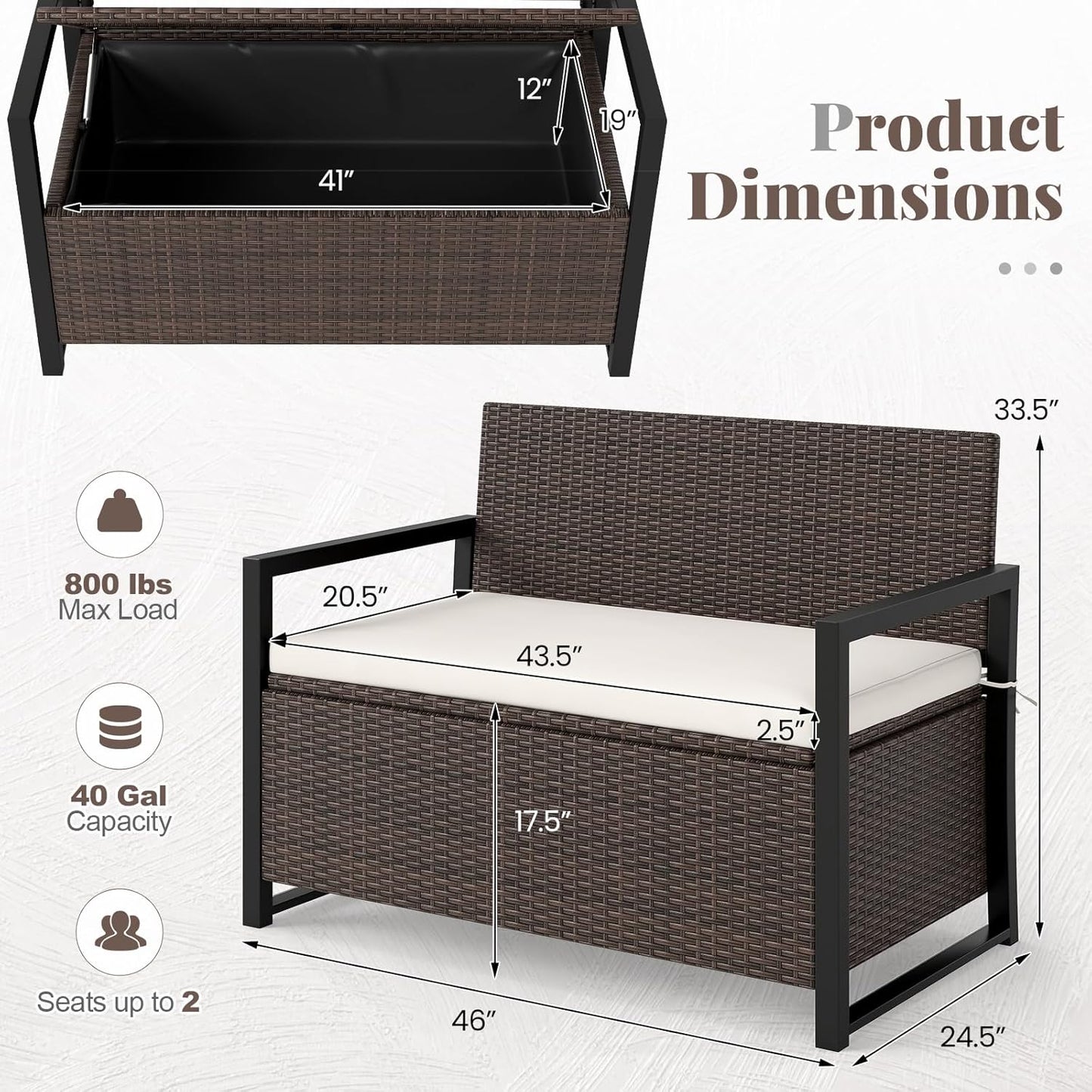 Tangkula 40 Gallon Outdoor Bench with Storage, Patio Wicker Storage Bench with Cushion, Cover, Metal Frame, Deck Box Seat for Backyard, Poolside, Balcony, Garden