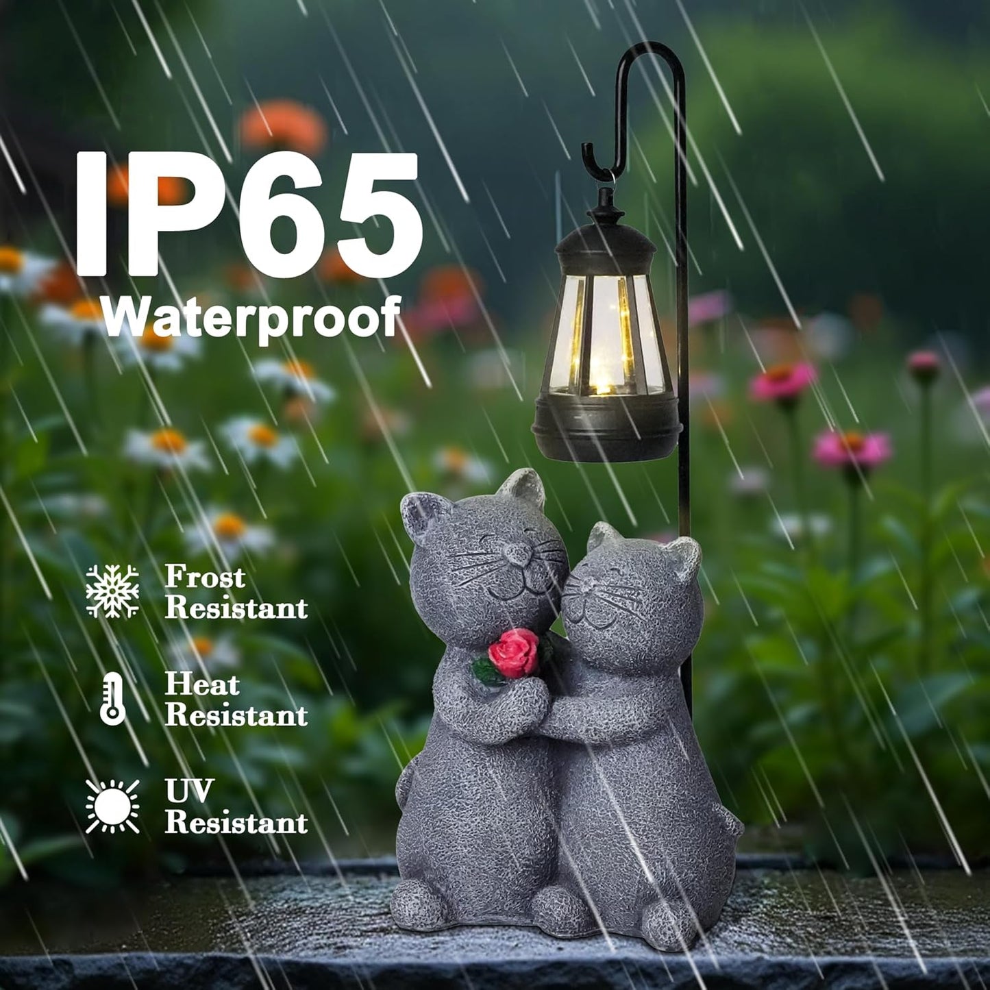 Outdoor Cat Garden Statues with Solar Lantern - Romantic Resin Kitty Couple Holding Rose, Funny Solar Cat Decor Gifts for Women, Cats Figurines for Yard Lawn Porch Patio
