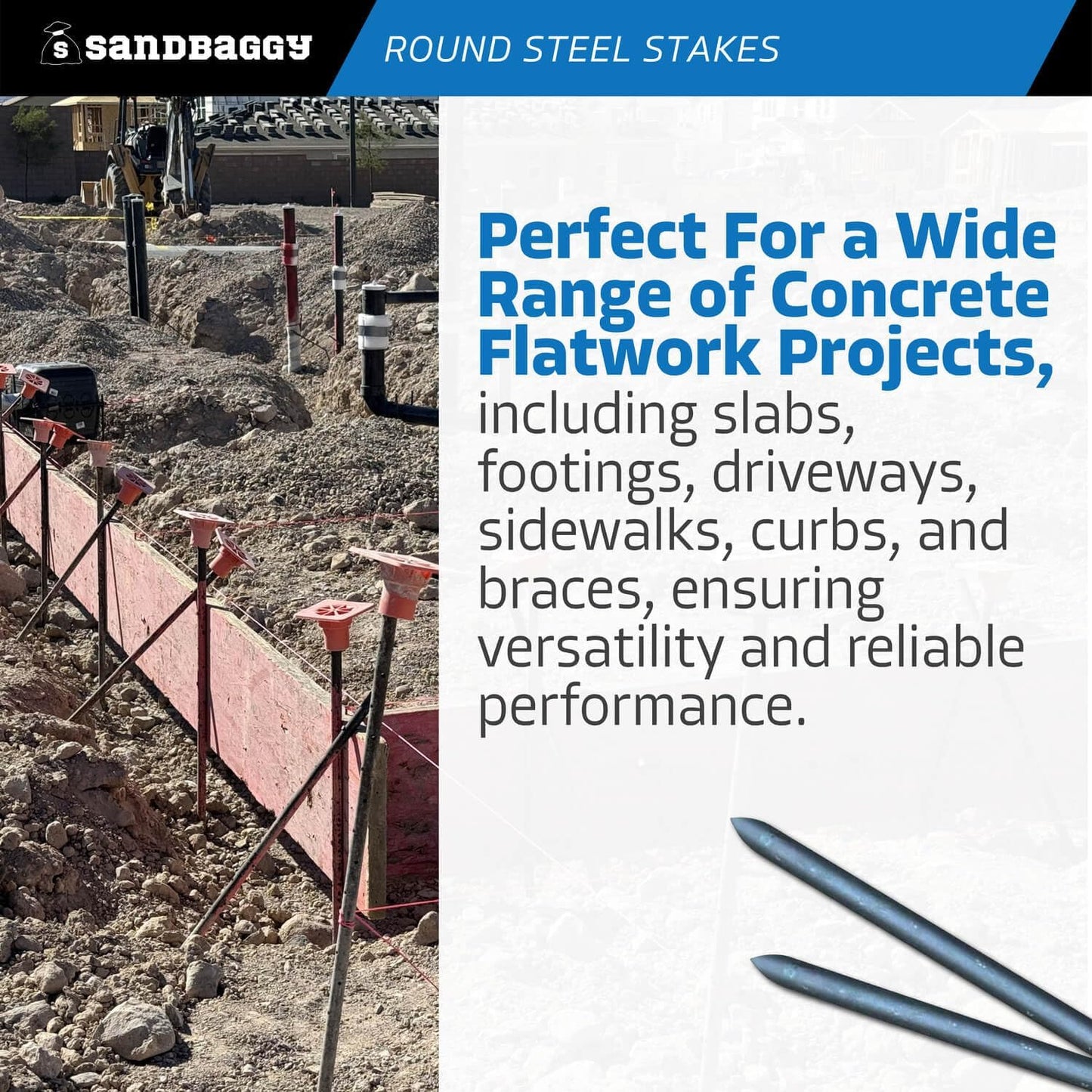 Sandbaggy Round Steel Concrete Form Stakes with Nail Holes - Rust Resistant Coating - Removable, Reusable (5, 3/4 in X 24 in)