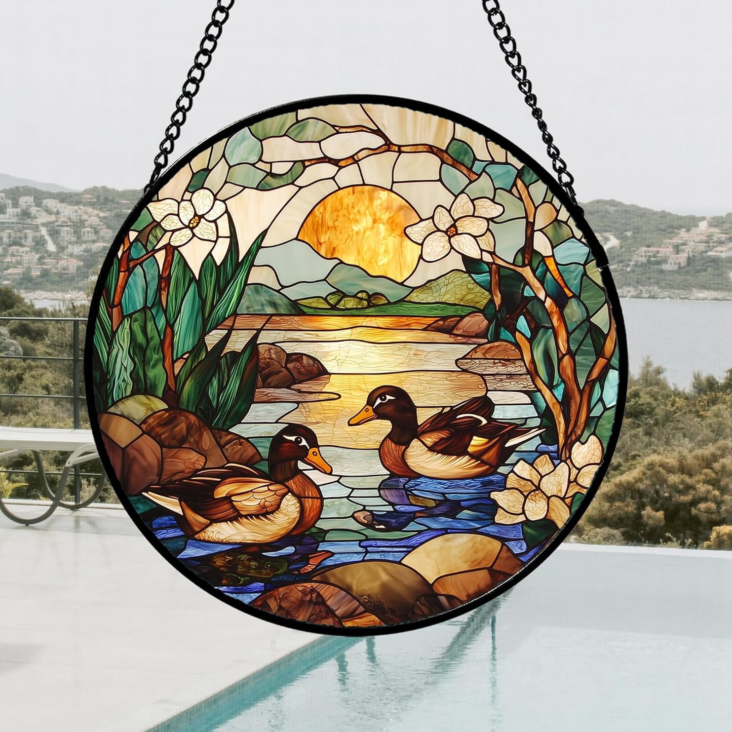Stained Glass Window Hanging, Ducks in The Pond Sun Catcher for Door Home Decor Landscape Plant Suncatcher Christmas Mother's Day Birthday Gifts for Women Men Mom Nana 11.8 in