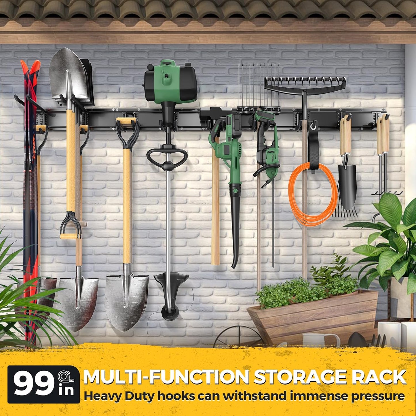 LBT 99" Garage Tool Organizer Wall Mount - 1000lbs Garden Tool Organizer with Adjustable Hooks, Heavy Duty Metal Garage Storage Rack, Anti-Rust Shed Rack Holder Hanging Rake Broom Mower Snowboard