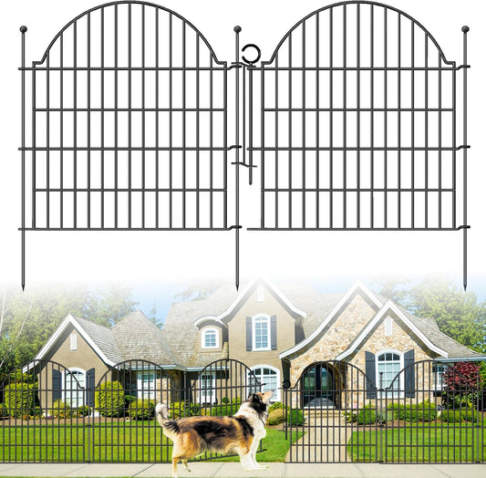 Decorative Metal Garden Fence with Gate Lock 5 Panels, 32in (H) x 11.8ft (L) No Dig Dog Fence Outdoor for Yard, Temporary Rustproof Metal Wire Rabbit Dog Garden Border Fencing for Patio
