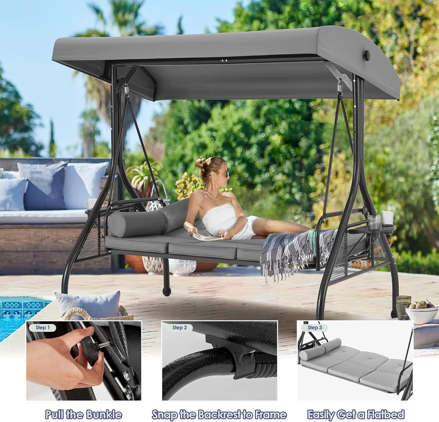 HOMREST 3 Seat Outdoor Porch Swing with 1.5" Deep Cup Holder, Adjustable Canopy,Patio Swing Bed with Stand, Patio Glider Swing with Thicken Cushions, Pillow（Grey）