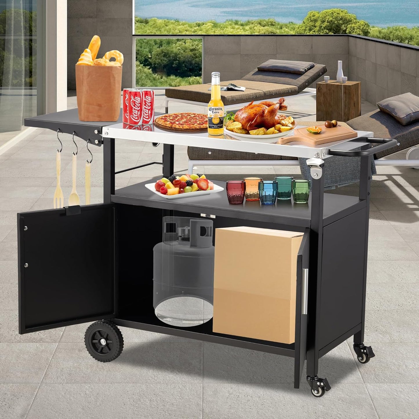 Outdoor Grill Cart with Storage Movable Grill Cart Outdoor Kitchen Island Pizza Oven Table Food Prep Table with Wheels Storage Cabinet for Outside Patio Backyard Garden
