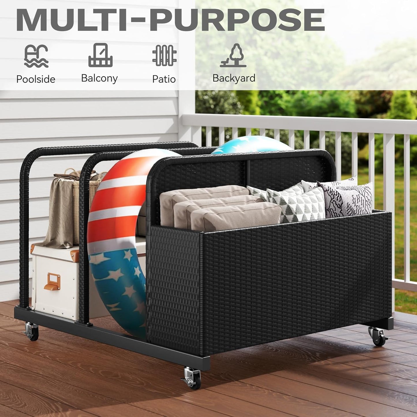 DWVO Pool Float Storage, Pool Storage Bin with PE Rattan,Pool Storage for cushions, Floaties, Noodles, Life Vests, Beach Balls, Patio Furniture (Black)