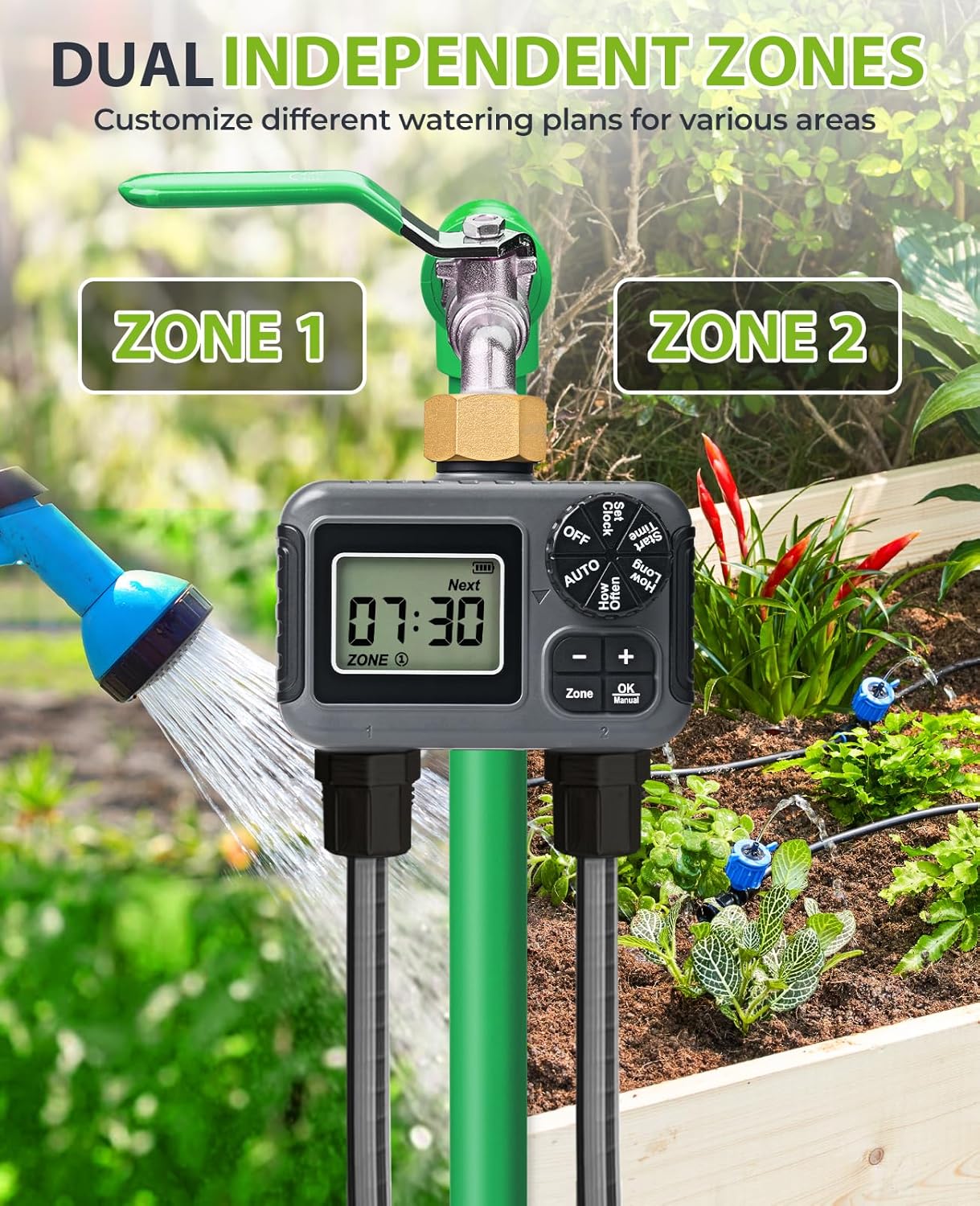 HIRALIY Sprinkler Timer, Water Timer for Garden Hose 2 Zone, Programmable for Watering, Automatic Irrigation System for Yard Lawn, Brass Connector, IP5 Waterproof