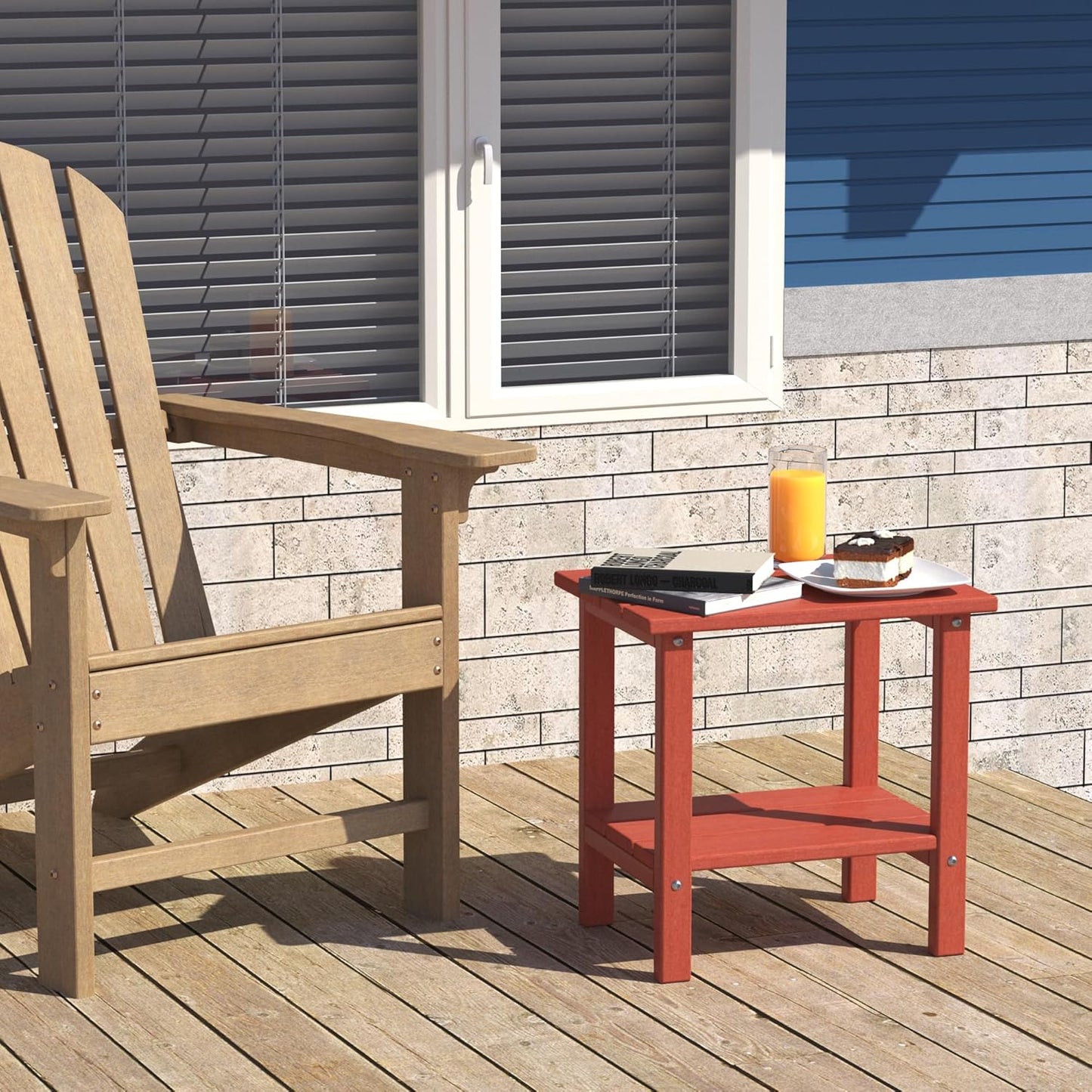 Outdoor Side Table, 2-Tier Small Outdoor Table for Patio, Adirondack Side Tables for Outside or Indoor, Patio End Table for Pool, Porch, Weather Resistant Easy Maintenance-Red