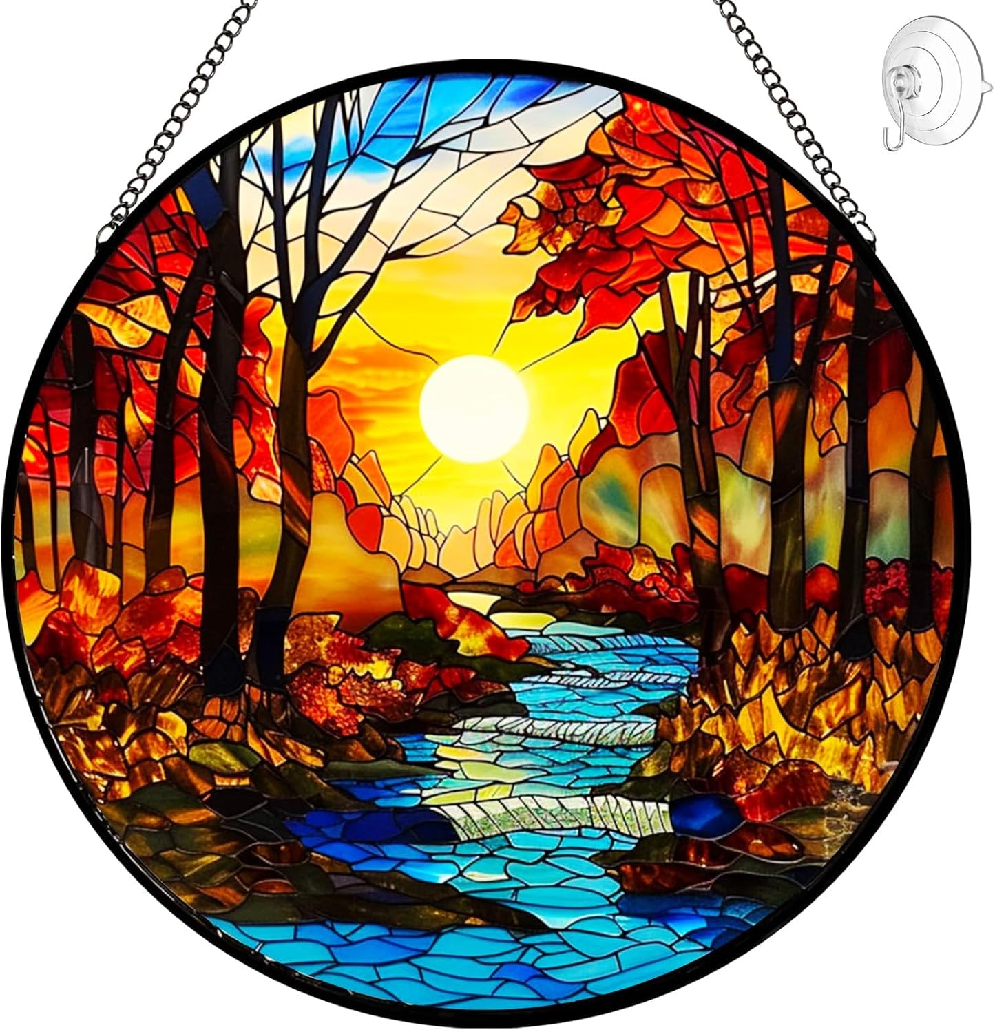 Fall Decor Sunrise Tree and River Landscape Stained Glass Suncatcher for Window Hanging - Mountains Sun Catchers Diamond Glass Panel Hangings Wall Decor - Birthday Gift for Mom Grandma Nature Lovers