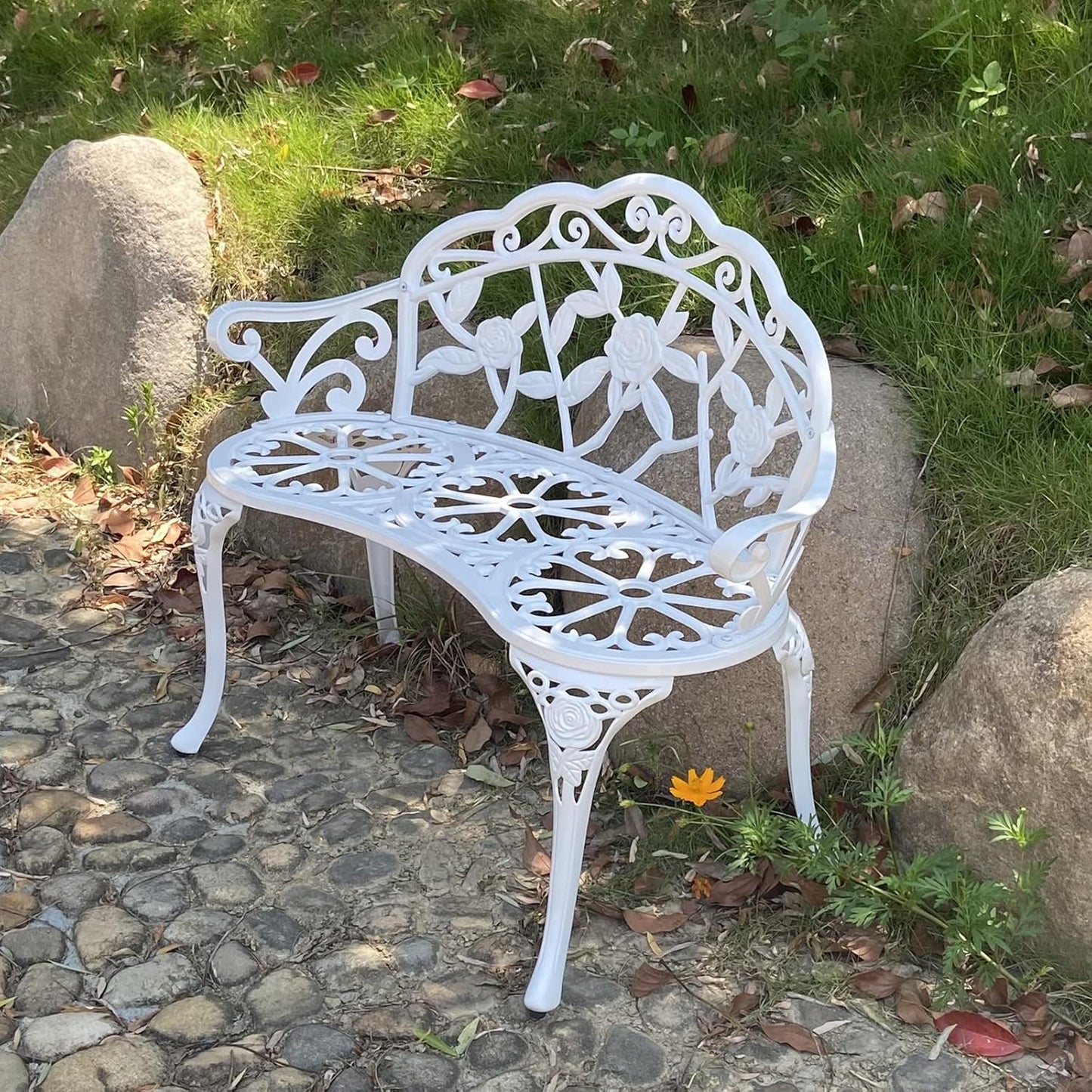 KAILI Garden Bench, Metal Aluminum Rose, Suitable for Garden Porch Park Front Porch Balcony Outdoor (White)