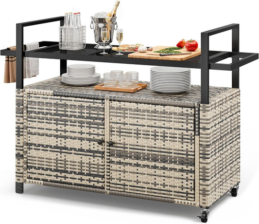 YITAHOME XL Outdoor Storage Cabinet, Outdoor Storage Cart with Wheels and Black Glass Table Top for Patio, Outdoor Cabinet for Poolside and Backyard (Gray Gradient)