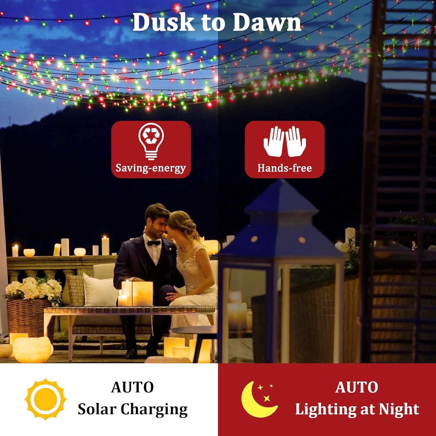 2-Pack 200FT Solar String Lights for Outside, 600 LED Extra-Bright Solar Light Outdoor with 19 Modes & Timer, Waterproof Fairy Solar Lights for Garden Patio Tree Christmas Decorations Red & Green