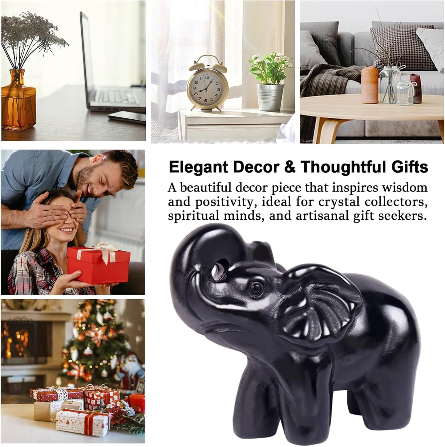 2 Inch Black Obsidian Crystal Elephant Sculpture Handcrafted Healing Stone Animal Figurine Spiritual Home Decor Lucky Charm Gift for Wealth Success Positive Energy and Meditation Lovers