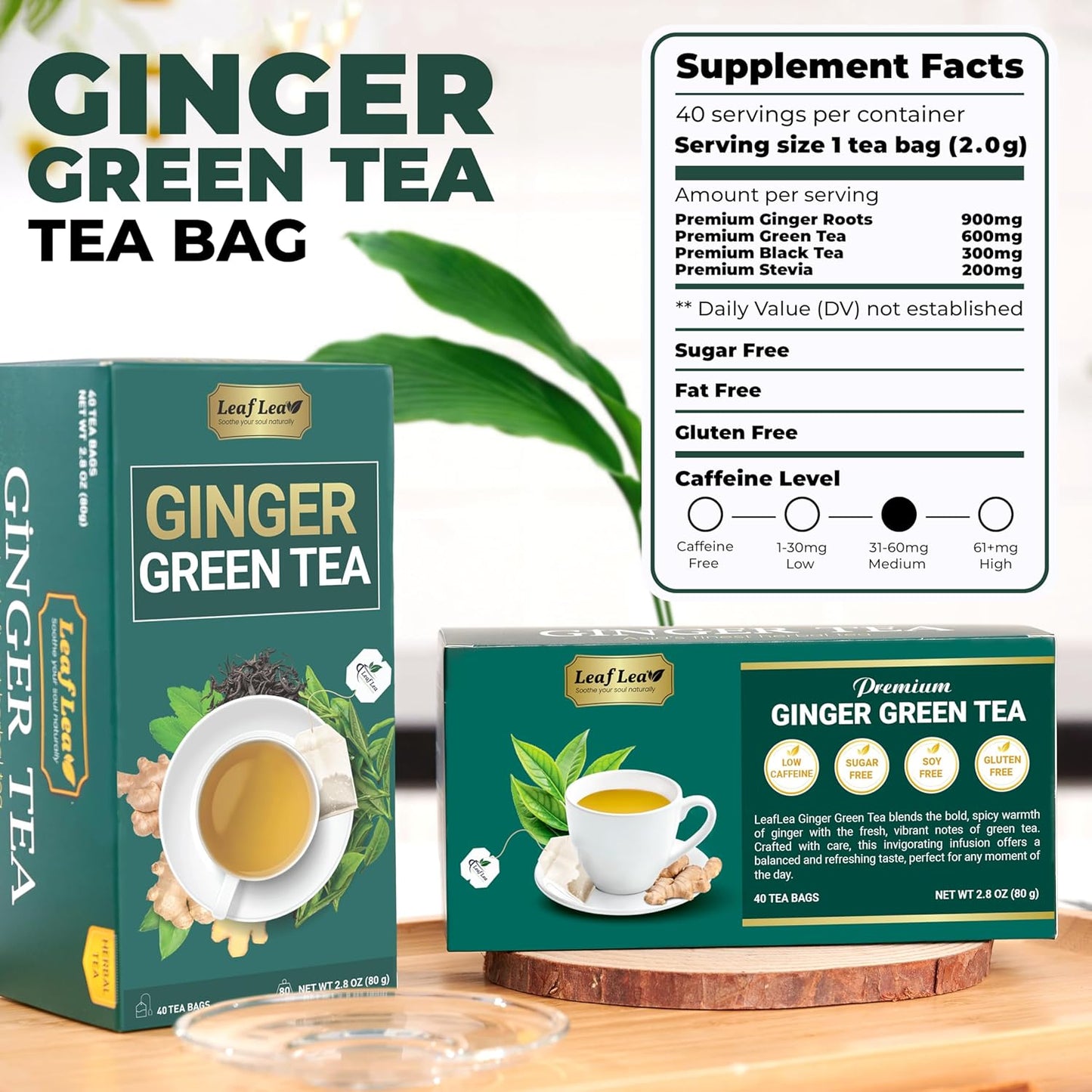 LeafLea Ginger Green Tea, 120 Tea Bags, Premium Green Tea Blend with Pure Ginger Root, Supports Digestive Wellness, Natural Flavor, Low Caffeine, Sugar-Free