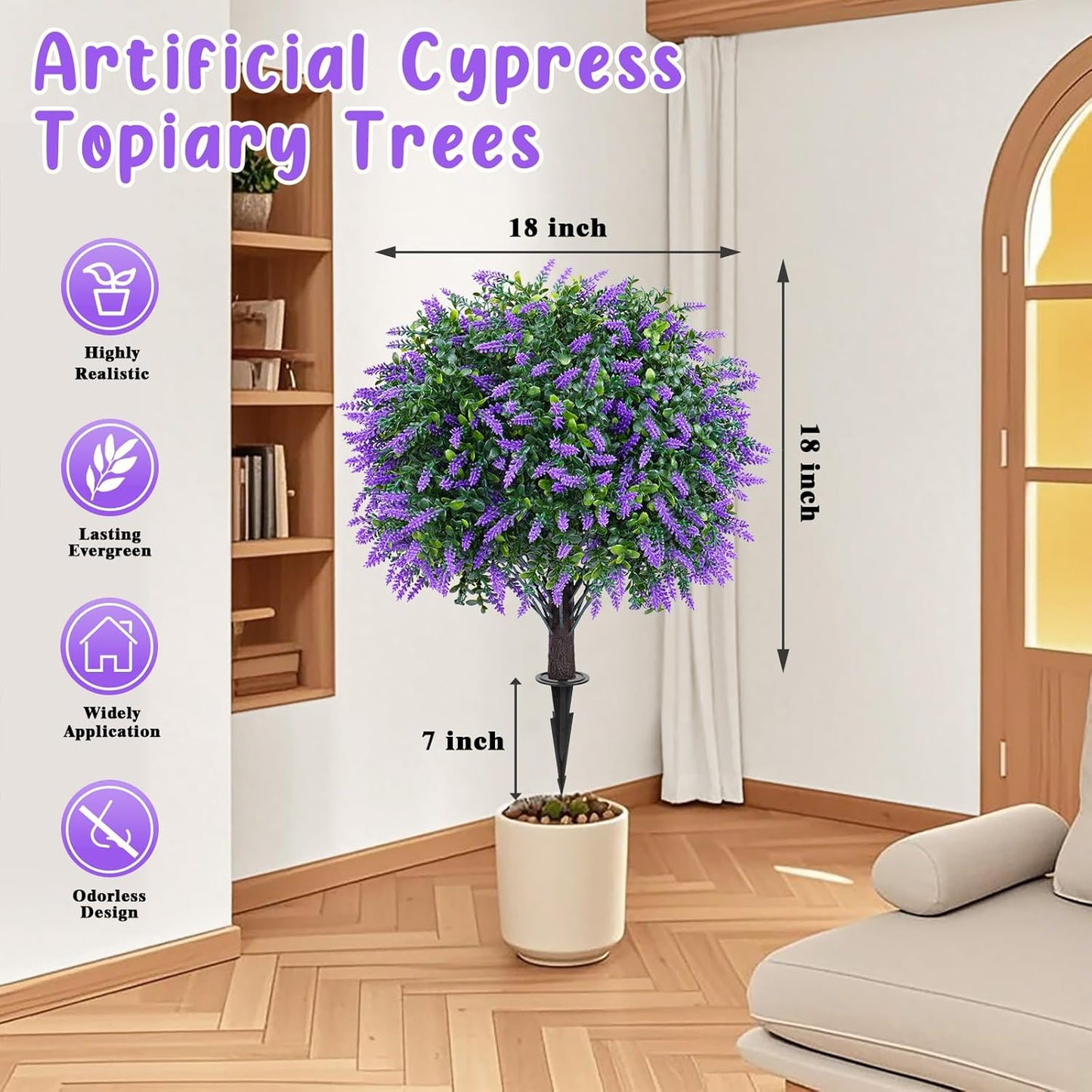 Artificial Boxwood Topiary Ball with Lavender, Set of 2 Artificial Shrub Bushes with Ground Spike, Fake Evergreen Tree for Porch, Artificial Plants for Outdoor Planters Indoor UV Resistant