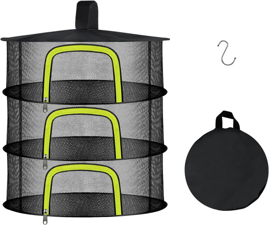 3 Layer Herb Drying Rack, Herb Drying Rack Hanging Mesh, Foldable Bud Drying Net with U-Shaped Zipper, Hooks, for Drying Herbs Plants, Flowers, Fruits, Food, Camping (3 Layers-23.62'')