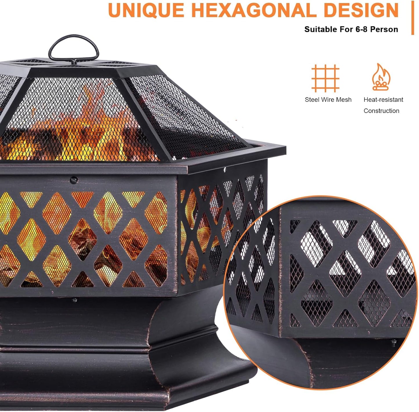 28Inch Outdoor Fire Pit, Hexagon Shaped Wood Burning Firepit for Outside Bonfire, Patio, Backyard and Camping (Antique Bronze)