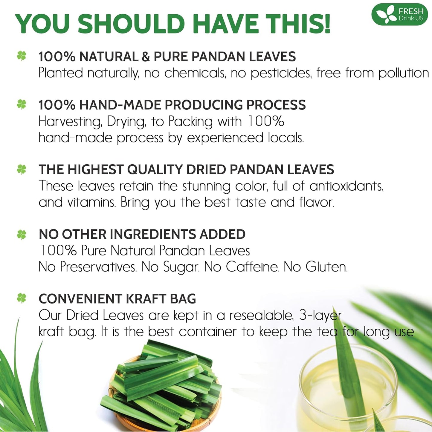 FreshDrinkUS, Premium 2oz Natural Pandan Leaves Dried, 100% Pure Dried Pandan Leaves, Pandan Leaf Tea, No Additives, No Caffeine, Vegan (2 oz Dried Leaves)
