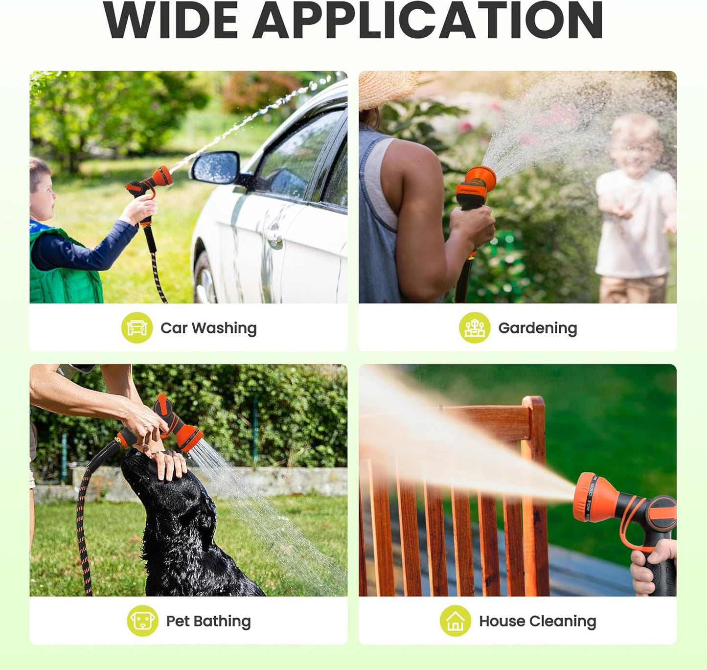 Giraffe Tools Garden Hose 50FT 1/2” Non-Expandable Lightweight Flexible Water Hoses Burst 600 psi with 9 Spray Function Nozzle Heavy Duty Hose