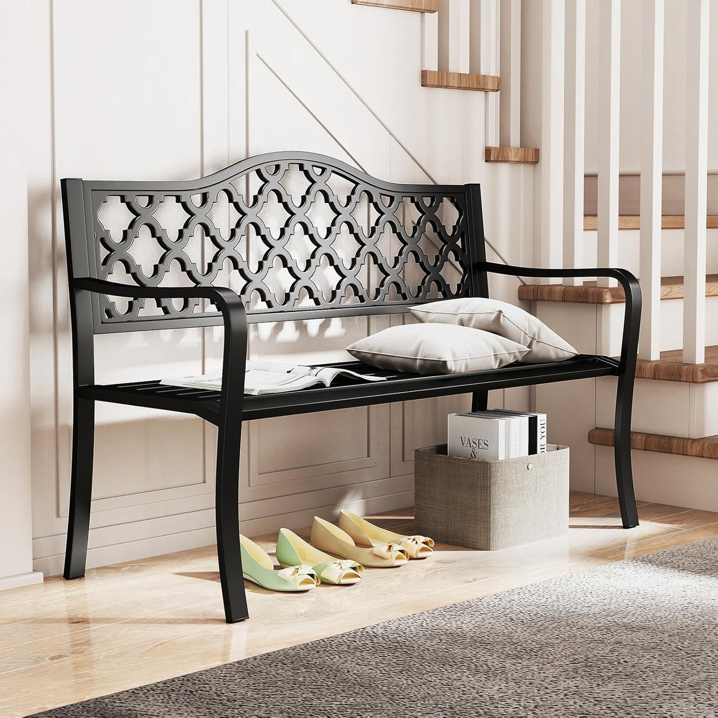 Tangkula 50.5” Metal Outdoor Park Bench, Slatted Patio Garden Bench for 2-3 People, Park-Style Loveseat with Curved Armrests, Heavy-Duty Outdoor Seating for Backyard, Lawn, Porch