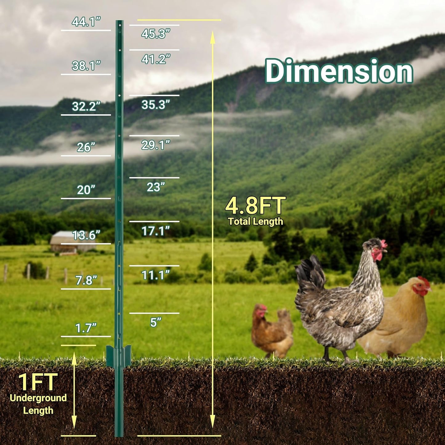 Fence Posts 4.8 Ft - 8 Pack, Heavy Duty Metal Fence Post, No Dig U Post for Farm, Garden, Orchard and Outdoor Wire Fencing (Green)