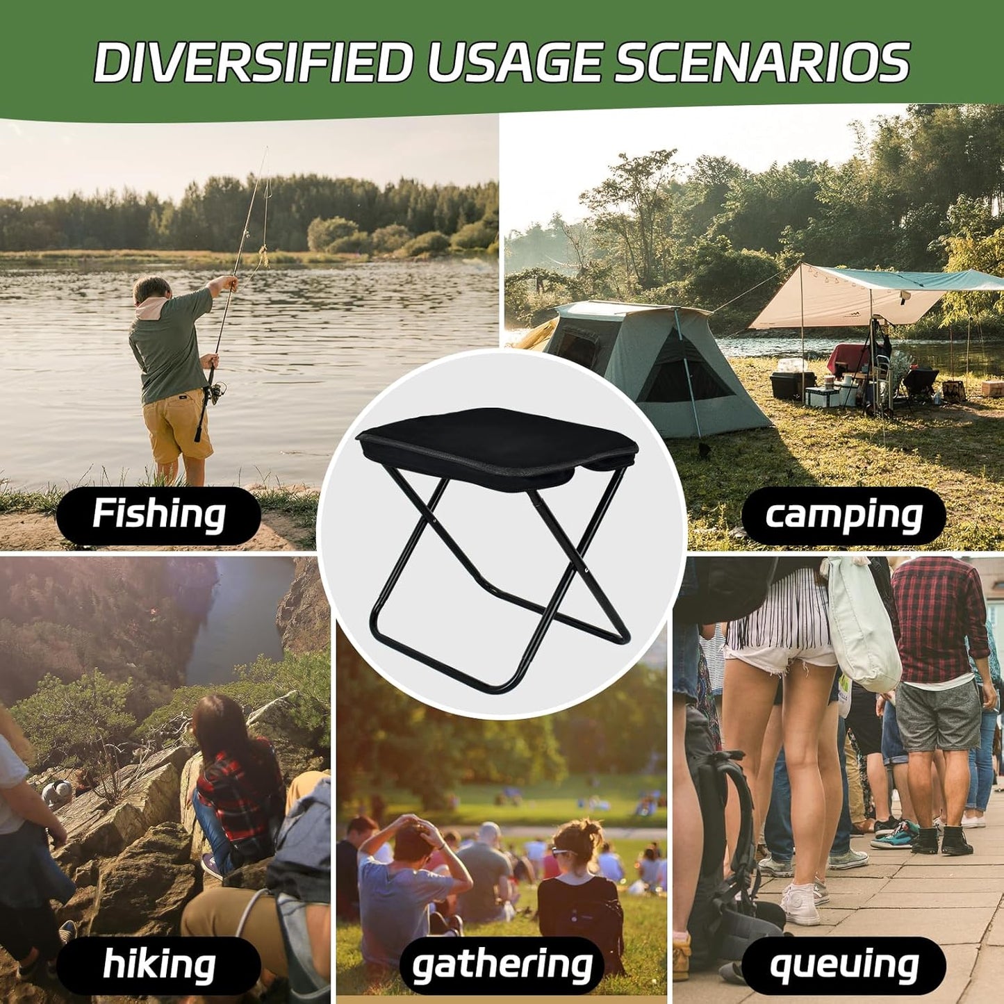 Collapsible Stool, Portable Chair, Lightweight Portable Stool for Adults, Portable Chairs for Adults, Holds Up to 330LBS, Ideal for Camping, Hiking, Outdoors, and Events