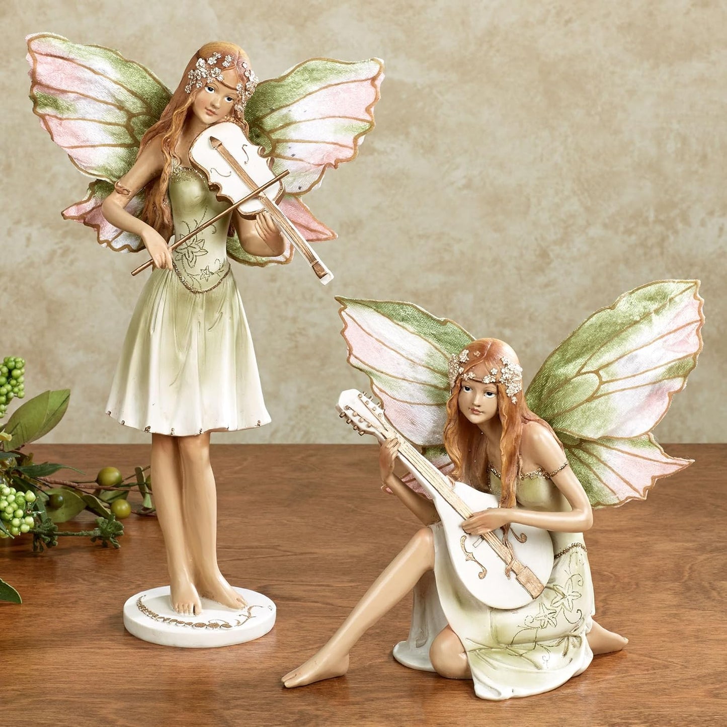 Fairy Concerto Figurines Green and Pink Tones 8-9.5" Wx4 Dx7-13 H Set of 2