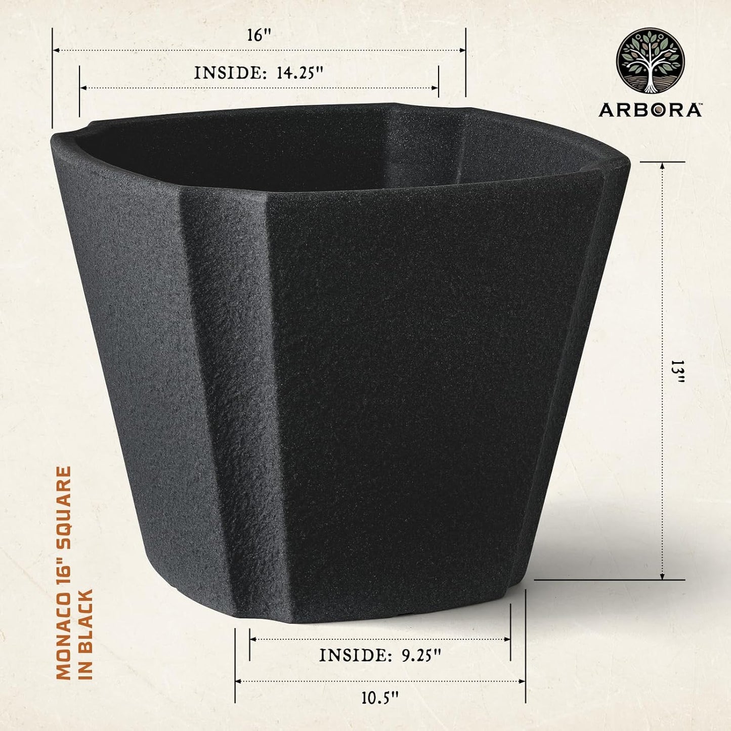 ARBORA 16" Monaco Square Polyresin Indoor and Outdoor Planter with Classic Black Finish - Durable, Weatherproof, Lightweight, Large Plant Pot for Patio, Garden, Deck, Entryway