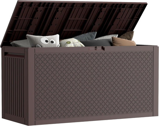 90 Gallon Outdoor Storage Box, Lockable Package Outside Storage Box Waterproof, Patio Cushions Deck Storage Boxes, Rattan Plastic Garden Hose Containers Resin Pool Storage Bins with lids, Brown