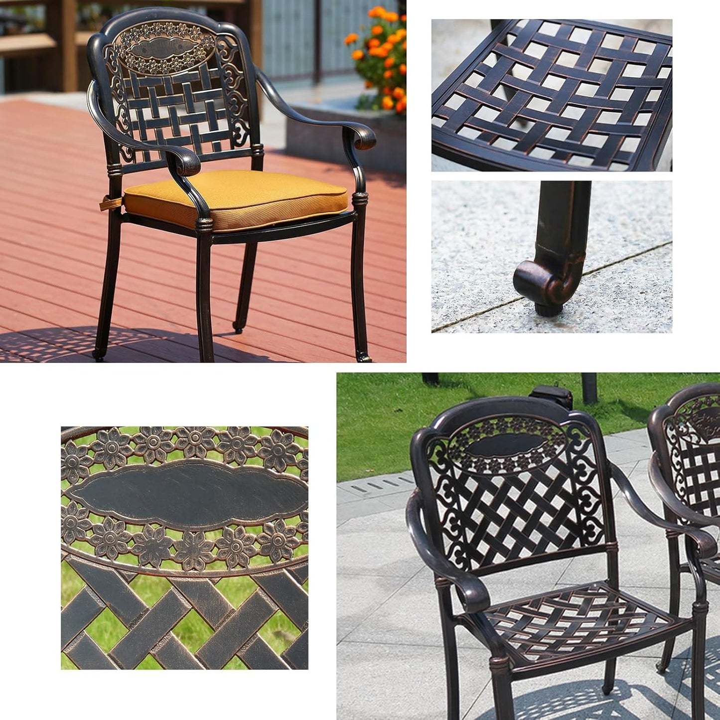 Outdoor Dining Chair Cast Aluminum Patio Chairs Set of 2 All-Weather Patio Dining Chair with Adjustable Feet for Backyard Garden (Royal Chair)