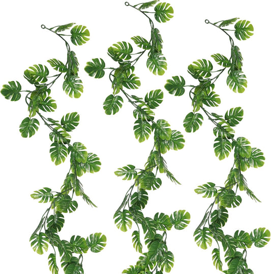RECUTMS Artificial Palm Leaves Vines 3Pcs, 5.9FT Outdoor Fake Hanging Plant Ivy Faux Tropical Monstera Leaf Garland Greenery for Garden Porch Patio Jungle Luau Beach Birthday Party Indoor Summer Décor