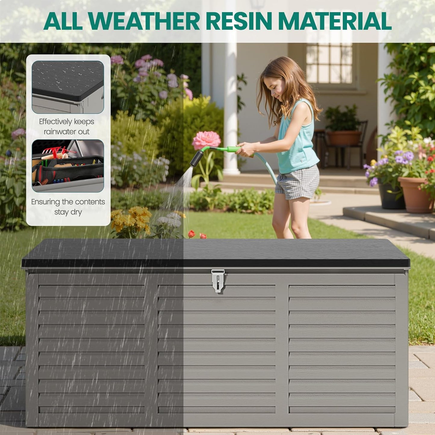 130 Gallon Outdoor Deck Box, Waterproof Resin Box with Lockable Lid, UV-Resistant for Cushions, Garden Tools & Pool Accessories (GRAY), Patio Furniture